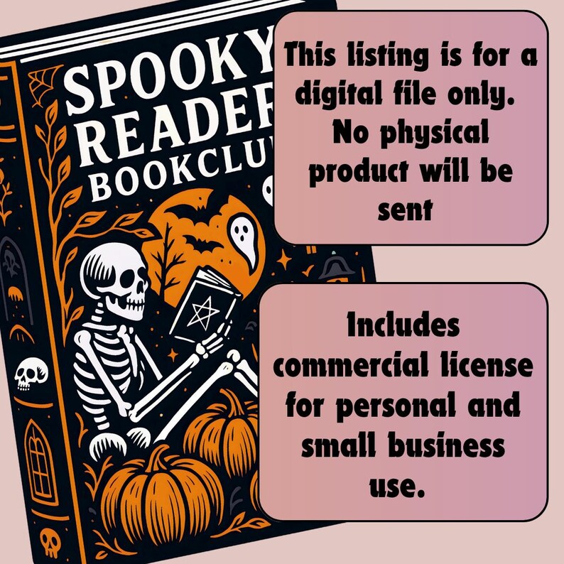 Pode incluir: Arquivo digital com um design de capa de livro assustador com um esqueleto lendo um livro, ab&oacute;boras, morcegos e uma lua cheia. O texto diz "Spooky Reader Bookclub". Inclui licen&ccedil;a comercial.