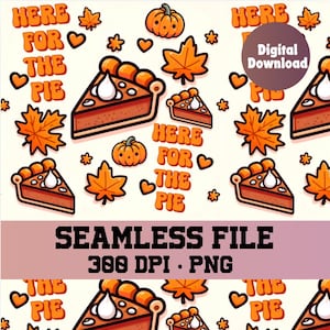 May include: A seamless pattern featuring a variety of fall-themed elements, including pumpkin pie, fall leaves, and the text "Here for the Pie". The pattern is in a cartoon style and is perfect for use in crafting projects, scrapbooking, or as a digital background.