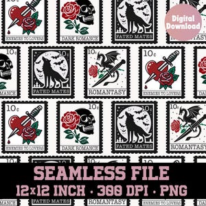 May include: A seamless digital paper pattern featuring black and white illustrations of various gothic and romantic themes. The pattern includes images of a skull with a rose, a wolf howling at the moon, a dragon with a sword, and a heart pierced by a dagger. Each image is framed in a postage stamp design with the text "10¢" and a title describing the theme. The pattern is ideal for crafting, scrapbooking, and digital design projects.