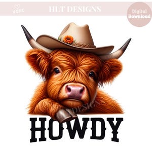 Cute Highland Cow Clipart, howdy  PNG, cowboy Heifer Cow Sublimation Design, Summer Highland Cow DTF Transfer, Trendy PNG, cow png