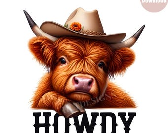 Cute Highland Cow Clipart, howdy  PNG, cowboy Heifer Cow Sublimation Design, Summer Highland Cow DTF Transfer, Trendy PNG, cow png