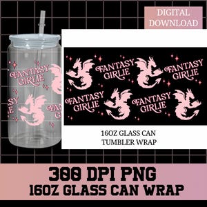Fantasy girlie glass wrap, Books Libbey Wrap png, Libbey Glass Wrap, Glass Can wrap, UVDTF Sublimation, bookish png, 16oz Glass Can