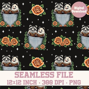 May include: A seamless digital pattern on a black background featuring repeating illustrations of a raccoon and an opossum sitting in a gray trash can reading books, surrounded by orange roses and white four-pointed stars.