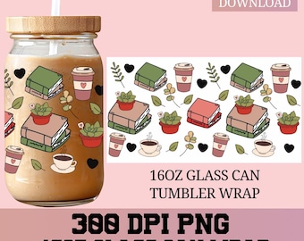 Books and plants png, Books Libbey Wrap png, Libbey Glass Wrap, Glass Can wrap, UVDTF Sublimation, bookish png, 16oz Glass Can, Book Lover