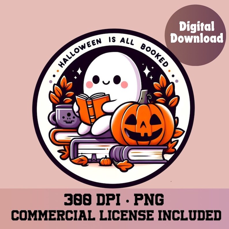 K&ouml;nnte beinhalten: Ein s&uuml;&szlig;er Cartoon-Geist liest ein Buch mit einem K&uuml;rbis und einer Tasse mit einem Sch&auml;del auf einem Stapel B&uuml;cher. Der Text um das Bild herum lautet "Halloween is all booked".