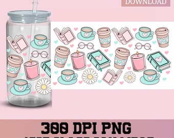 Bookish girlie png, Books Libbey Wrap png, Libbey Glass Wrap, Glass Can wrap, UVDTF Sublimation, bookish png, 16oz Glass Can, Book Lover