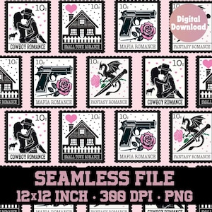 Op de afbeelding: Een digitale download van een naadloos patroon met 12x12 inch, 300 DPI, PNG-afbeeldingen van verschillende romantische postzegels. Elke postzegel heeft een ander thema, waaronder cowboy, klein stadje, maffia en fantasy romance. De postzegels zijn zwart-wit met een roze achtergrond.