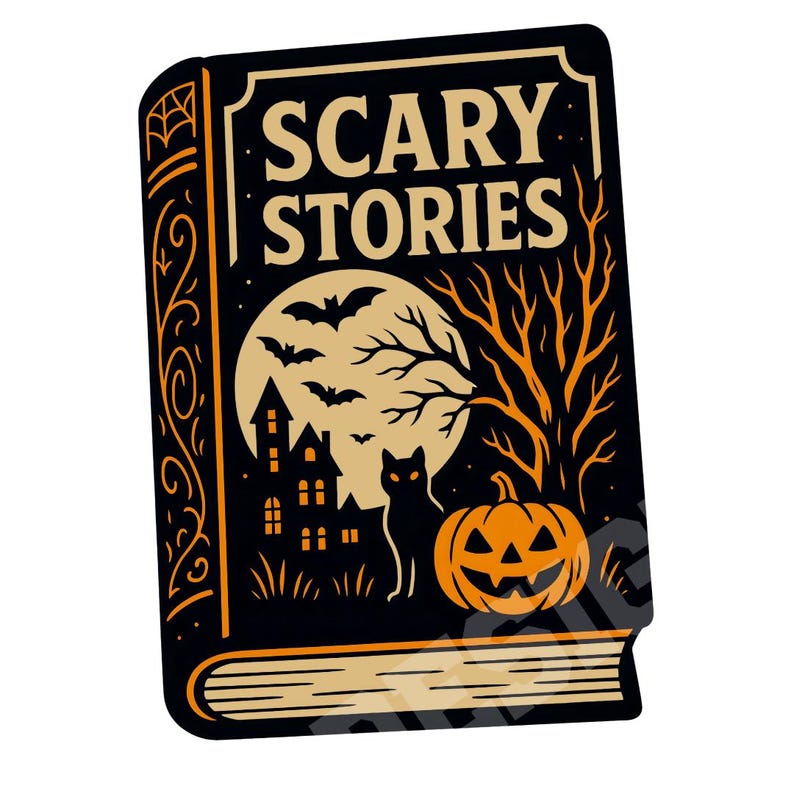 May include: A black and orange Halloween-themed book with the title "SCARY STORIES". The cover features a full moon, bats, a haunted house, a black cat, and a jack-o'-lantern. The book's spine and edges have decorative orange accents.