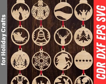Adornos navideños SVG cortados con láser, 18 diseños festivos (descarga digital)