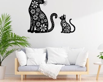 Arte mural con silueta de gato floral, archivos cortados con láser (SVG DXF)