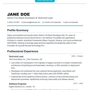 May include: A dynamic HTML resume template with the text "DYNAMIC HTML RESUME TEMPLATE". The resume includes sections for profile summary, professional experience, and technical skills. The resume is for Jane Doe, a Senior Full-Stack Developer.