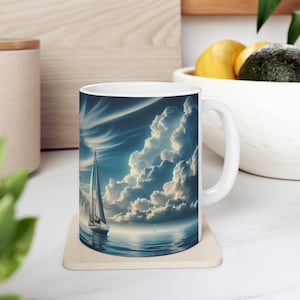 Sailing Into The Blue Sailboat Original Art Ceramic Coffee Tea Cup Mug, (11oz, 15oz) Ocean Coastal Gift Present