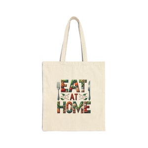 Grocery Store Market Bag Eat At Home Original Art Print Reusable Cotton Canvas Tote Carry Bag 15&quot; x 16&quot; Shop Anywhere Shopping, Washable