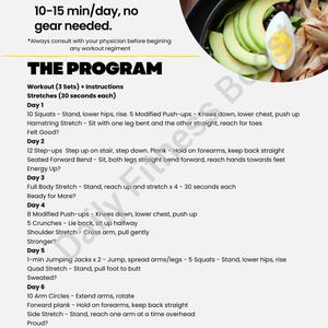 May include: A fitness program guide titled "Daily Fitness Boost - Beginner" with workout instructions. The image includes a bowl of food with avocado, egg, and other ingredients. The program requires no gear and takes 10-15 minutes per day.