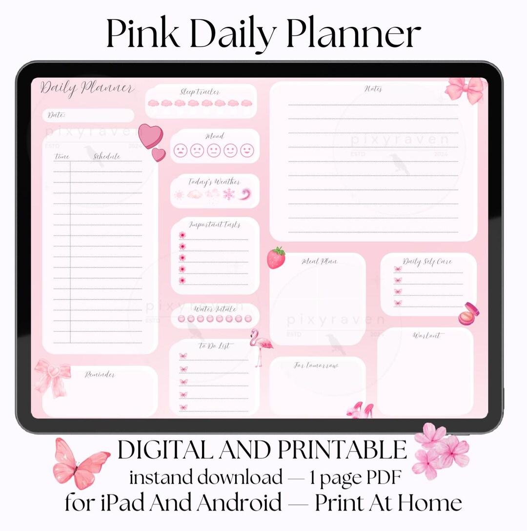 Pink Aesthetic Daily Planner Digital Download - Cute Printable PDF for ...