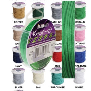 May include: Assortment of 14 spools of 1 mm satin cord in various colors, including antique gold, apple green, black, camel, coffee, dark gray, emerald, ivory, luggage, light pink, navy, red, royal blue, silver, tan, turquoise, white, and Williamsburg blue. The spools are labeled with the color name and the brand "Beadsmith Knot-it!"