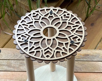 Kumihimo Marudai, wood, mandala design, 12 inches high, personalized, with maple top