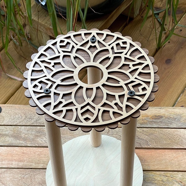 Kumihimo Marudai, wood, mandala design, 12 inches high, personalized, with maple top