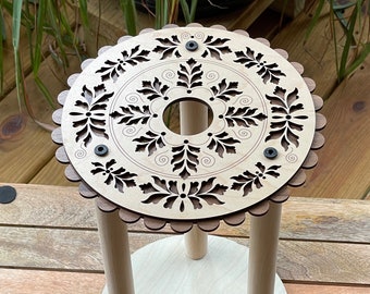 Kumihimo Marudai, wood, Folk Art design, 12 inches high, personalized, with maple top