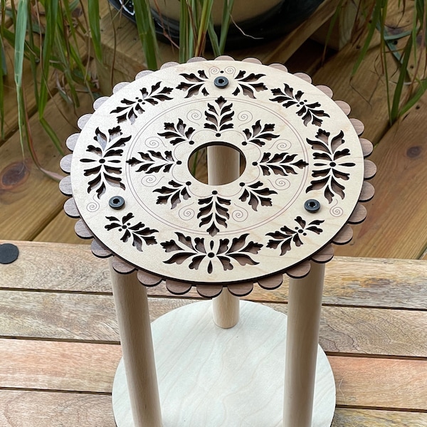 Kumihimo Marudai, wood, Folk Art design, 12 inches high, personalized, with maple top