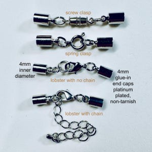 2 Tiny 4mm end caps with choice of clasp styles. Tube shaped, platinum-plated brass, non-tarnishing. Set/2.