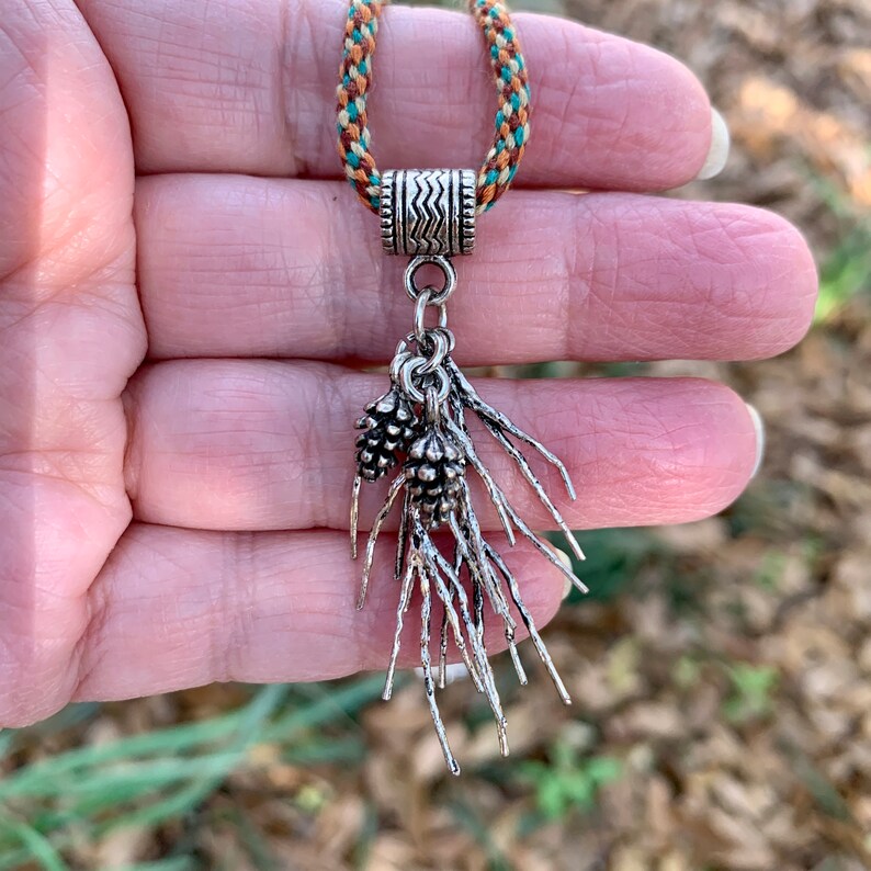 Pine Branches & Cones Pendant. Silver or bronze color. Unusual option, for necklace. Nice with Kumihimo cords. image 2