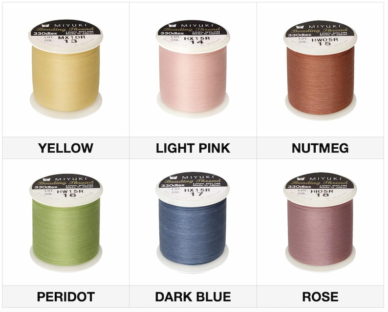 May include: Six spools of Miyuki beading thread in various colors: yellow, light pink, nutmeg, peridot, dark blue, and rose. Each spool is labeled with the color name and product information. The thread is 100% nylon.