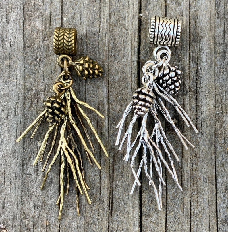 Pine Branches & Cones Pendant. Silver or bronze color. Unusual option, for necklace. Nice with Kumihimo cords. image 1