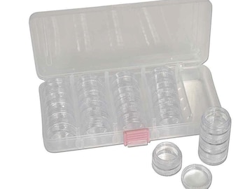 May include: A clear plastic storage box with a pink latch, containing 24 small clear plastic containers. The containers are stacked in rows and are perfect for organizing small items.
