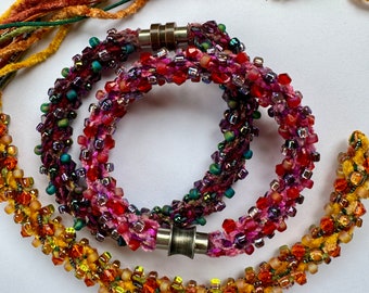 Mixed Beads/Cords Bracelet kit. Azalea, Grapevine, Autumn color choices. 16-strand Kumihimo braid. Stainless steel magnetic clasp.