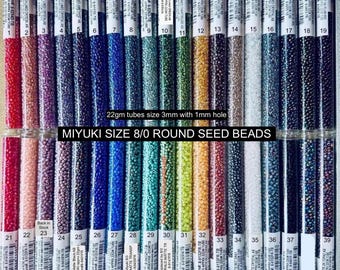 8/0 Glossy & Matte Miyuki glass round seed beads, 22gm. Japanese in 39 colors/finishes.