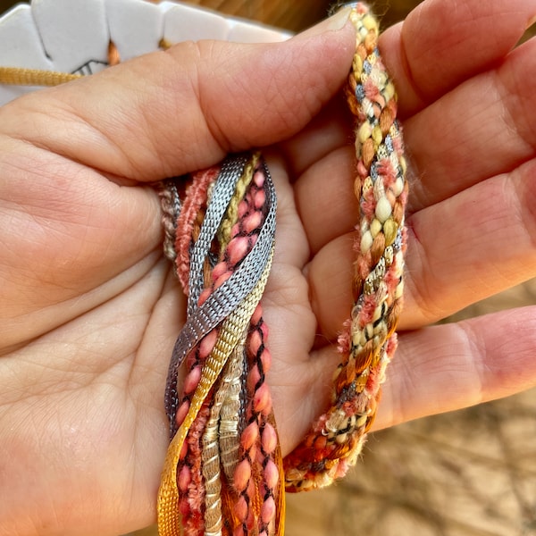 Crazy Peaches Bracelet Kit. 16-strand Kumihimo. mix of different yarns/cords, approx 7.2mm rustic braid. Choice of clasps. Round braid.