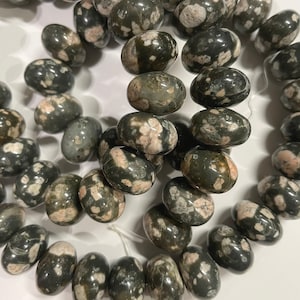 Leopard Skin Jasper bead strand. Taupe and Black/Grey. 16" strand, about 36 beads.
