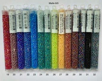 8/0 Matte Miyuki Japanese glass seed beads. 22 gram tube (800+ beads).  Choice of color finish.