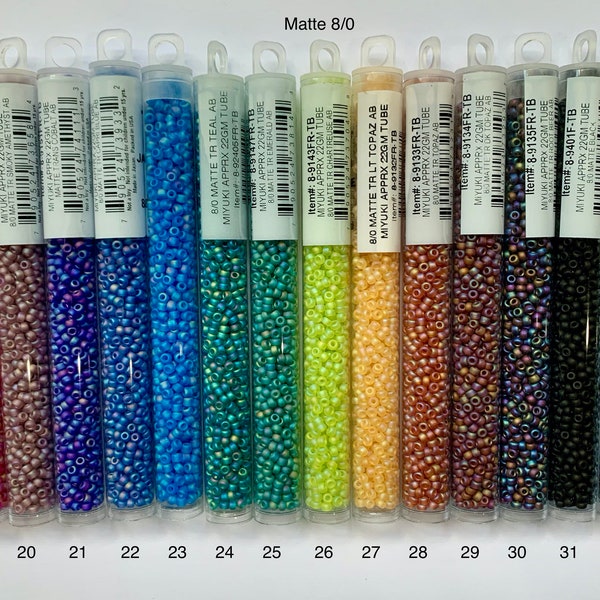 8/0 Matte Miyuki Japanese glass seed beads. 22 gram tube (800+ beads).  Choice of color finish.