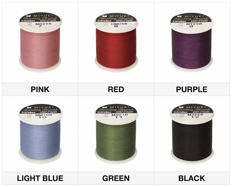 May include: Six spools of Miyuki beading thread in various colors: pink, red, purple, light blue, green, and black. Each spool is labeled with the thread color and a product code. The image is a product display for beading supplies.