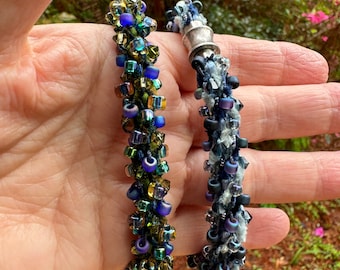 Mixed Beads/Cords Bracelet Kits. Peacock or Faded Jeans color choices. 16-strand Kumihimo braid with stainless steel magnetic clasp.