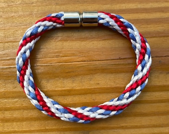 Red-White-Blue Satin Bracelet Kit with magnetic clasp. Thick, 1.5mm (RT1) rayon satin cords. 12-strand easy project!.