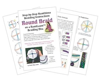 Kumihimo beginning instructions. Steps for making a round braid on a portable disk/loom. 12 pages.