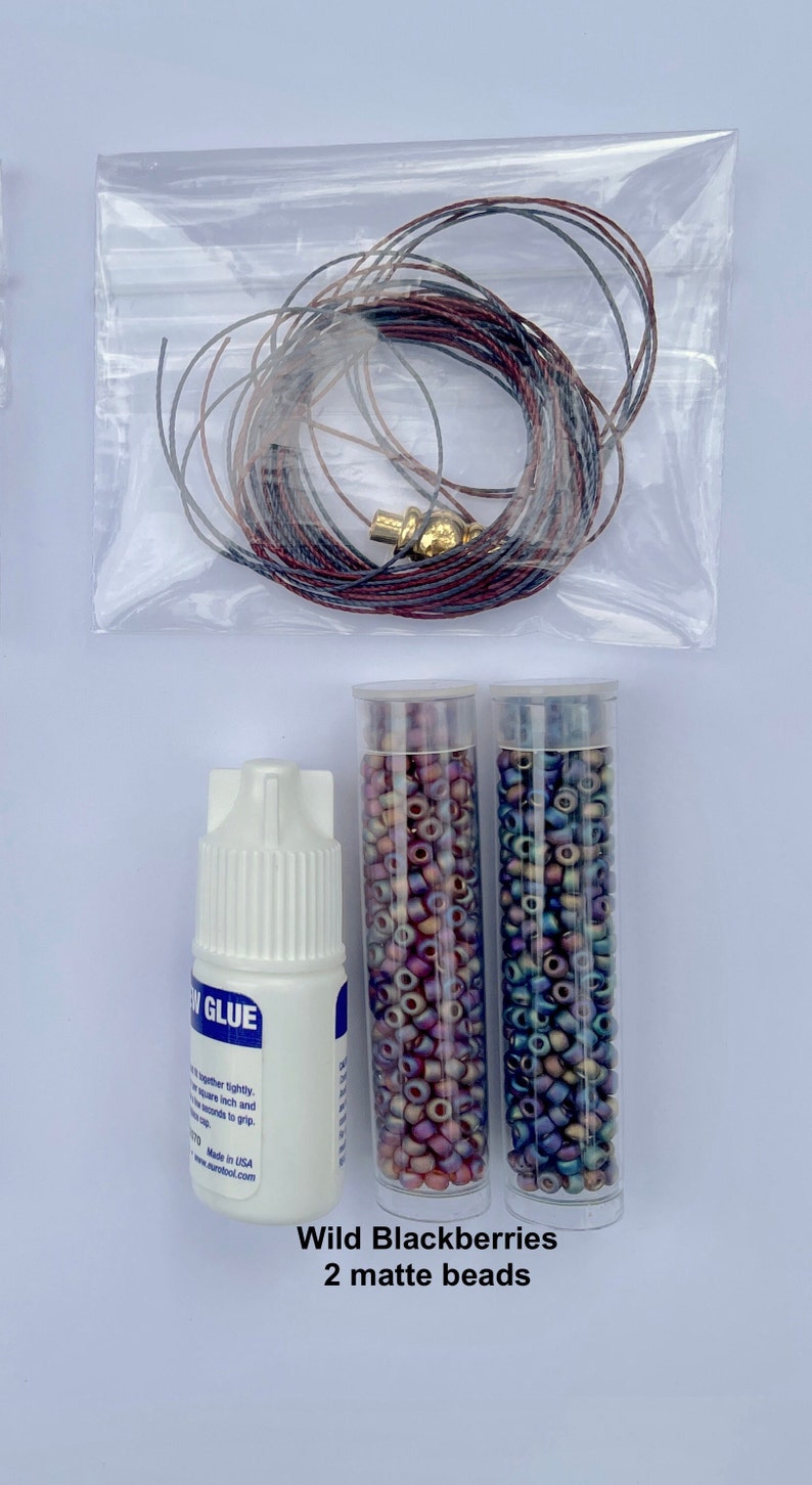 2-tone Spiral Beaded Bracelet Kit. Narrow Kumihimo 8-strand round braid. 8/0 seed beads. Stainless steel clasp & glue. Choice of colors. Wild Blackberries