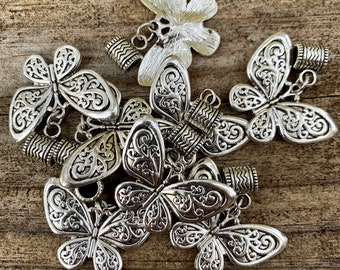 5 Butterfly Pendants with Bail. Filigree look. 1 3/8 inch. Set/5.