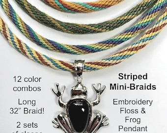 Striped Mini-Braid w/Frog Pendant. 16-strand Kumihimo kit. Choice of floss colors. 32-inch braid.