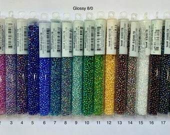 8/0 Glossy Beads. Japanese glass seed beads, 22 gram tube. Choice of color finish.