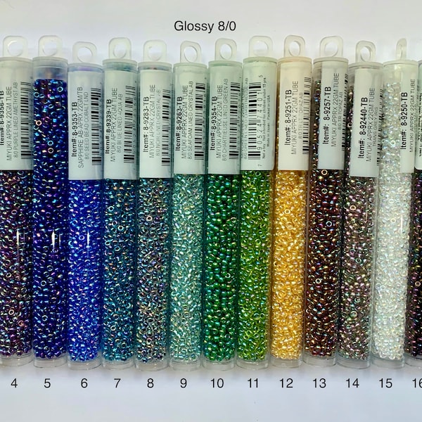 8/0 Glossy Beads. Japanese glass seed beads, 22 gram tube. Choice of color finish.