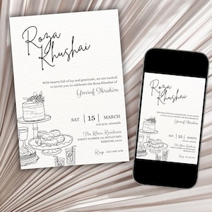 May include: Black and white illustration of a cake, pastries, and drinks on a table. The text "Roza Khushai" is at the top of the invitation. The invitation is for a party on Saturday, 15th March at 5:30 pm at The Khan Residence. The address is Street Number Boulevard, Missouri 6630. The phone number is 012-345-678.