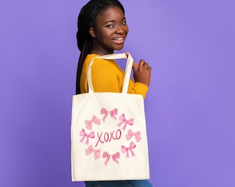 Coquette Tote Bag | White Canvas Tote with Pink Bows | Girly Aesthetic Bag | Balletcore Cottagecore Tote | Cute Gift for Her | Pink Gifts