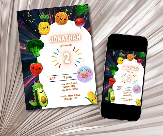 Hey Bear Birthday Invitation: Dancing Fruit Evite (Digital Download)