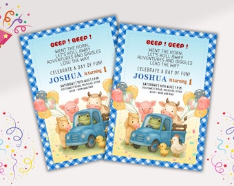 Little Blue Truck Birthday Invitation: Farm Animals, Canva Template (5x7 in, Digital Download