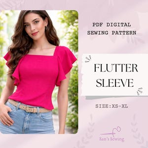 Puede incluir: Una mujer con un top rosa brillante con mangas con volantes, cuello cuadrado y cinturón beige. La imagen incluye el texto "PDF Digital Sewing Pattern" y "Flutter Sleeve" con tallas XS-XL.