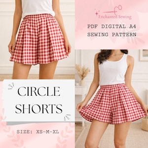 Puede incluir: Un patrón de costura de shorts de círculo a cuadros rojos y blancos. La imagen muestra a una persona usando los shorts con una camiseta sin mangas blanca. El texto en la imagen dice "CIRCLE SHORTS" y "SIZE: XS-M-XL". La imagen también dice "PDF DIGITAL A4 SEWING PATTERN".